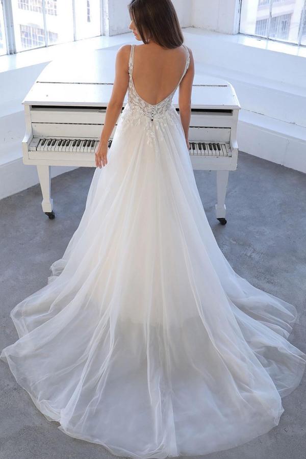 V-Neck Sleeveless Wedding Dress Tulle With Appliques