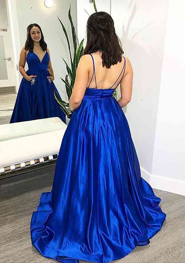 V-Neck Spaghetti Straps Ball Gown Satin Prom Dress/Evening Dress with Pockets & Beading