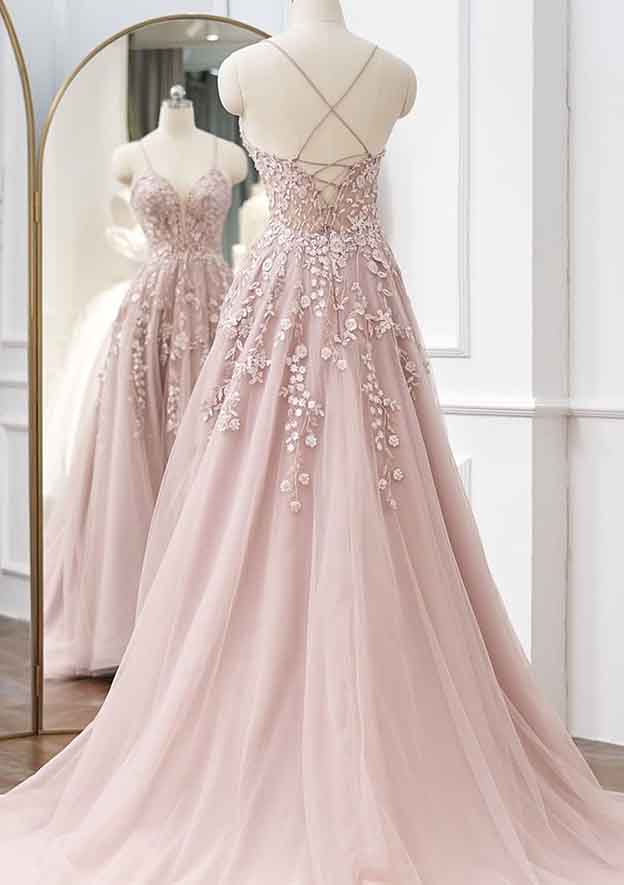 V-Neck Spaghetti Straps Prom Dress/Evening Dress - A-Line Tulle with Appliqued Beading and Sweep Train