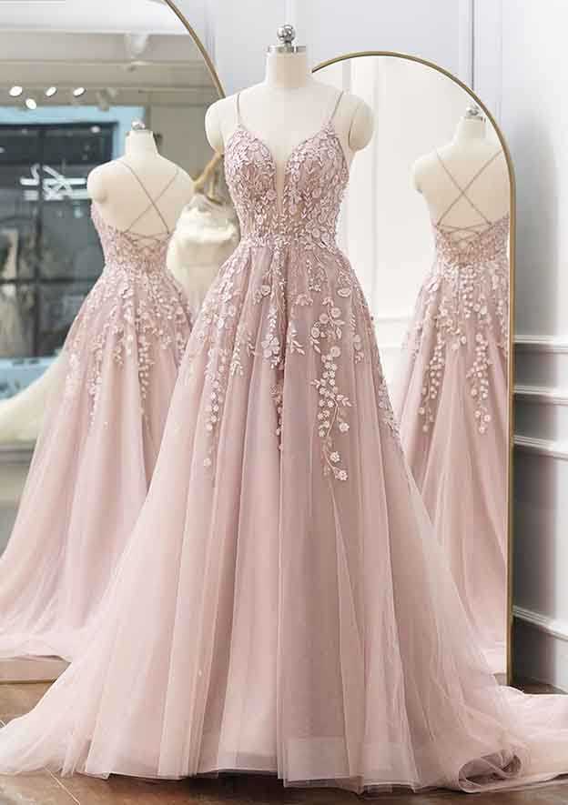 V-Neck Spaghetti Straps Prom Dress/Evening Dress - A-Line Tulle with Appliqued Beading and Sweep Train