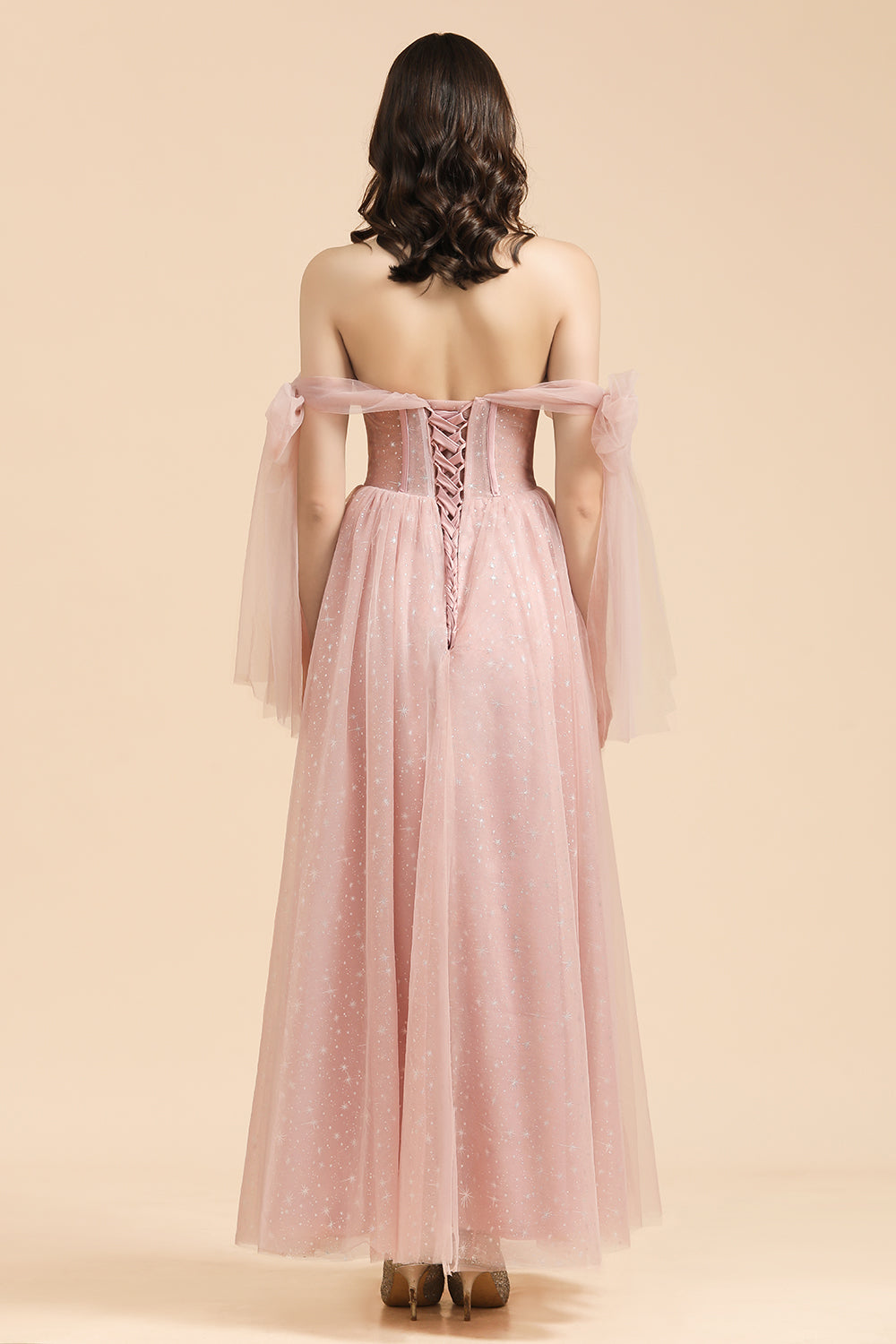 V-neck Tulle Long Evening Pink Prom Dress