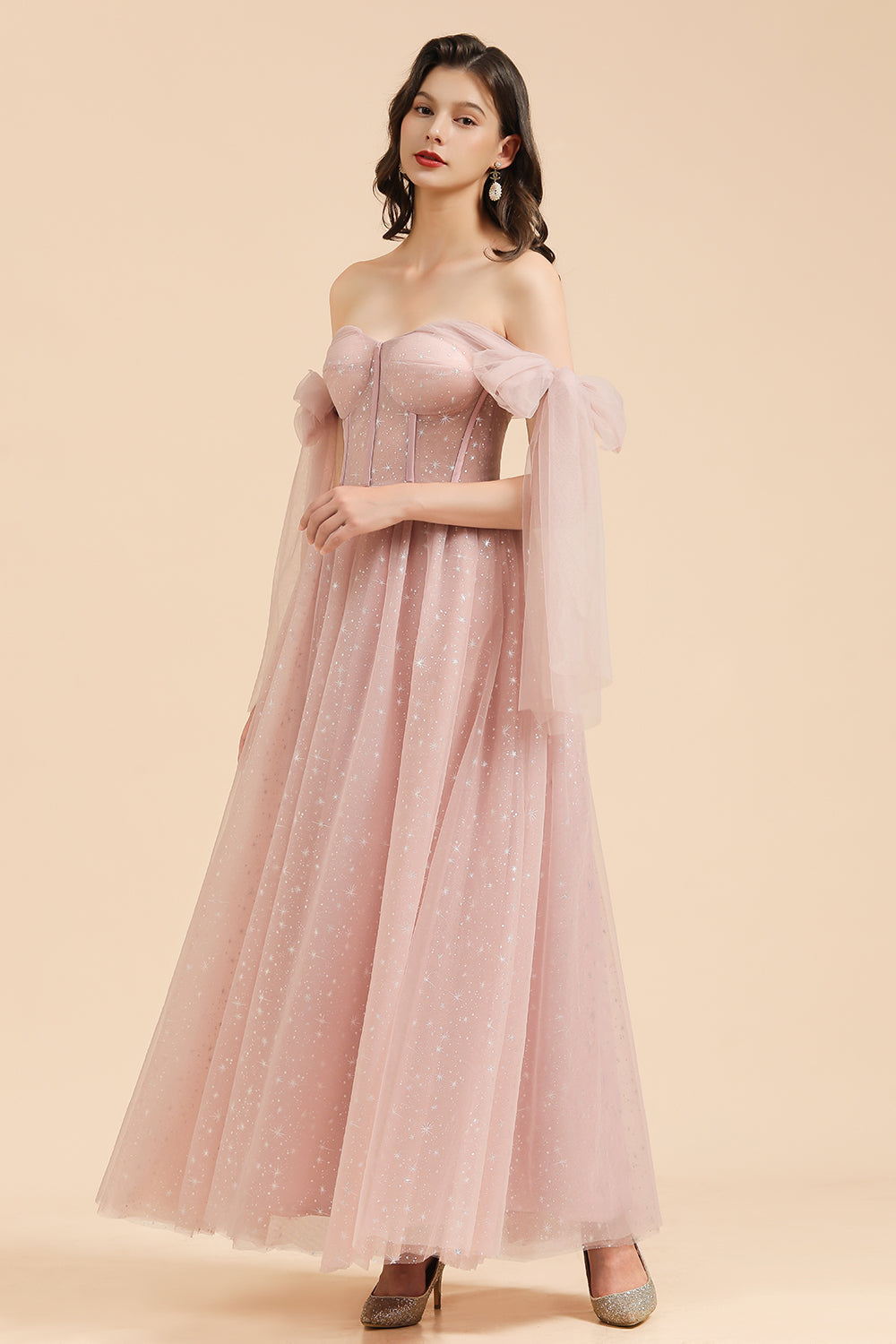 V-neck Tulle Long Evening Pink Prom Dress