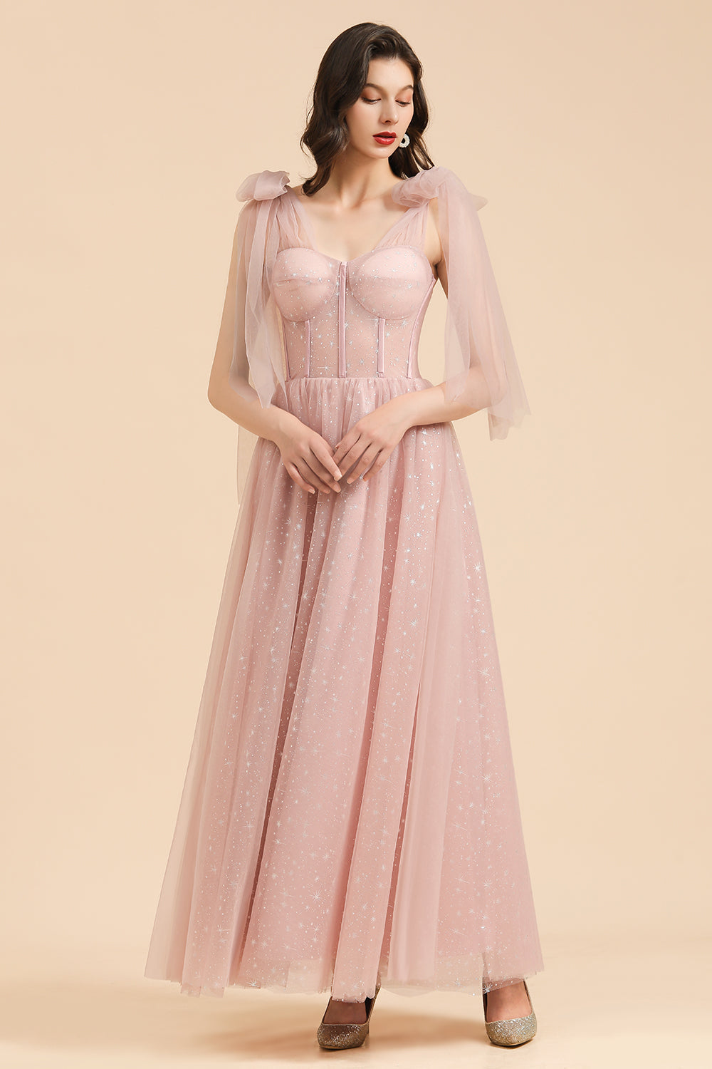 V-neck Tulle Long Evening Pink Prom Dress