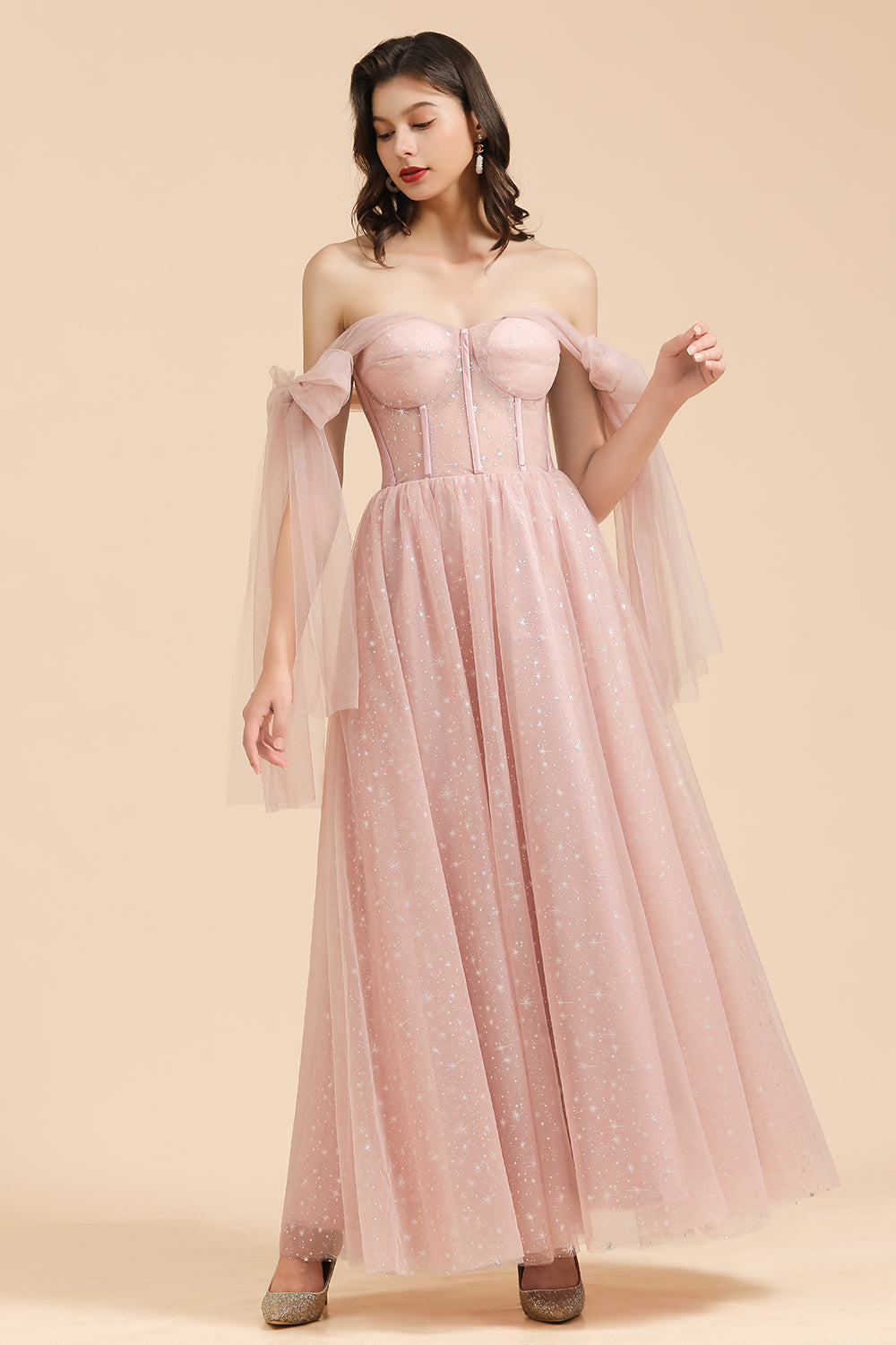 V-neck Tulle Long Evening Pink Prom Dress