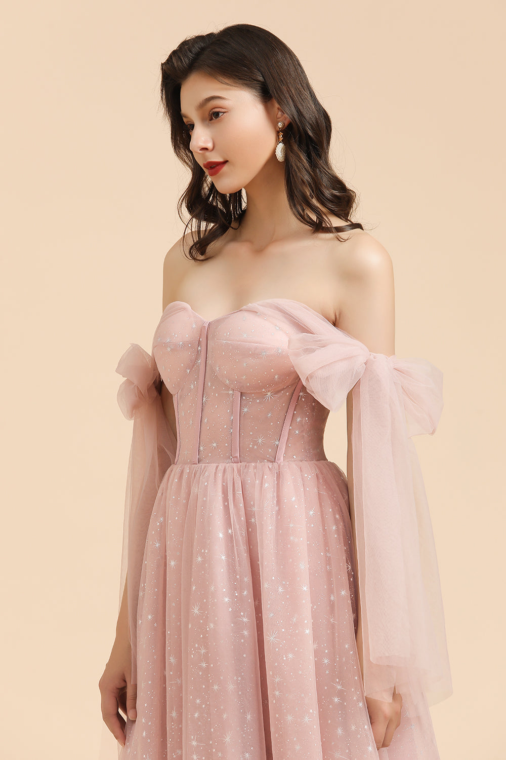 V-neck Tulle Long Evening Pink Prom Dress