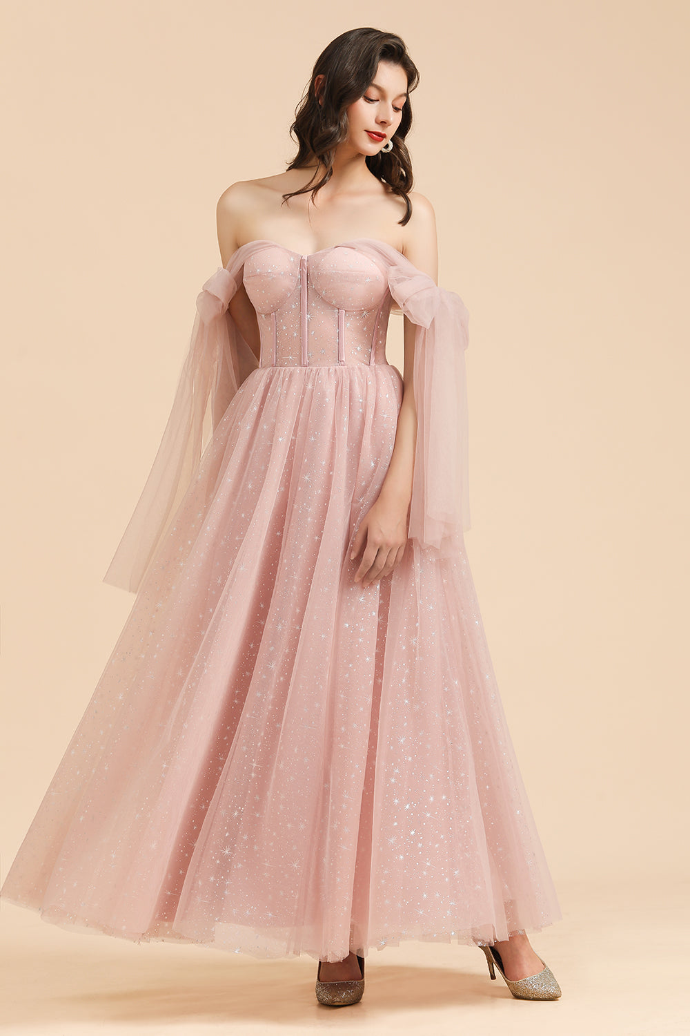 V-neck Tulle Long Evening Pink Prom Dress