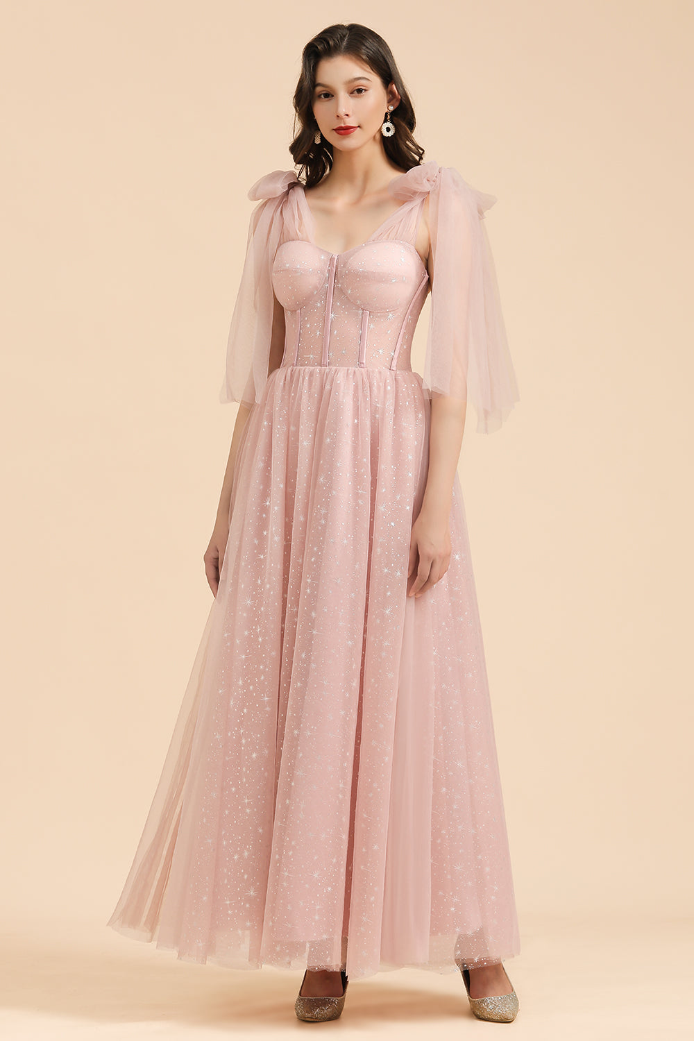 V-neck Tulle Long Evening Pink Prom Dress