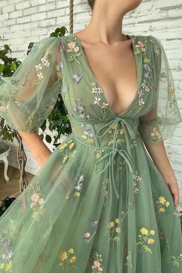 V-Neck Tulle Sage Green Prom Dress Long With Flowers