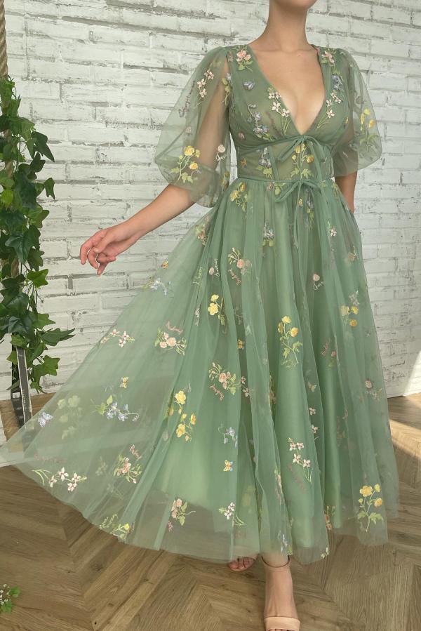 V-Neck Tulle Sage Green Prom Dress Long With Flowers