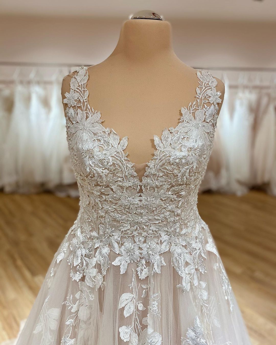 V-Neck Wedding Dress Lace Appliques Tulle Bridal Gown