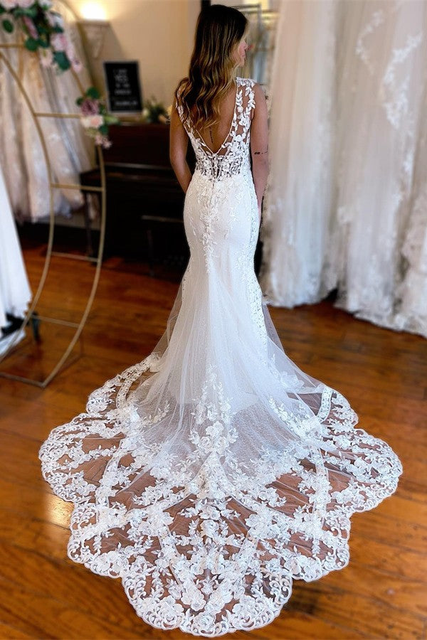 V-Neck White Wedding Dress Mermaid With Lace Appliques