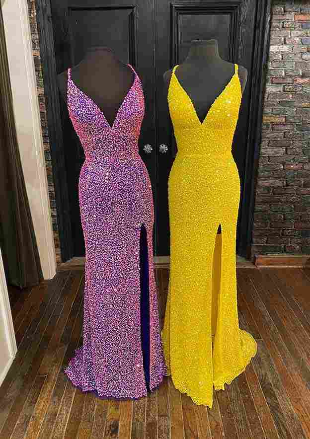 Velvet Sequins Long Prom Dress/Evening Dress With Split - Sheath/Column V-Neck Sleeveless