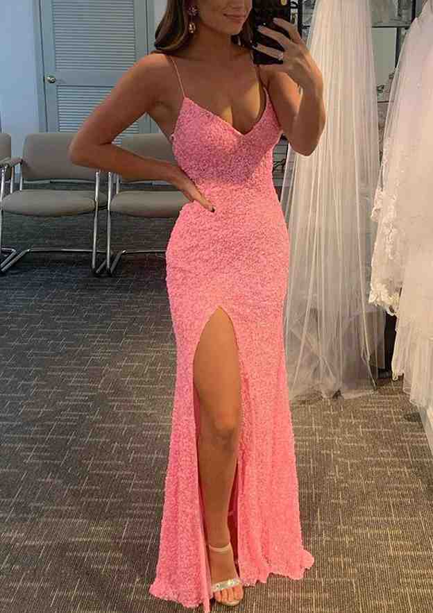 Velvet Sequins Prom Dress/Evening Dress - Sheath/Column V-Neck Spaghetti Straps Long/Floor-Length Split