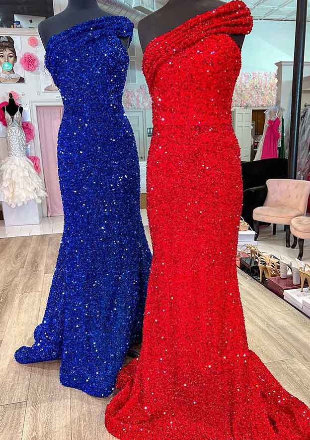 Velvet Sequins Prom Dress/Evening Dress with One-Shoulder Sleeveless Court Train for Trumpet/Mermaid