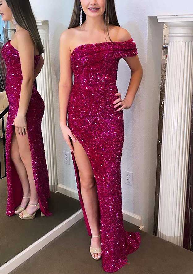 Velvet Sequins Prom Dress/Evening Dress with One-Shoulder Sleeveless Court Train for Trumpet/Mermaid