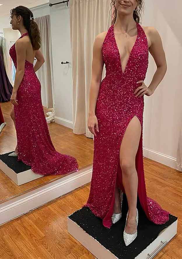 Velvet Sequins Prom Dress/Evening Dress With Split - Sheath/Column V-Neck Sleeveless Court Train