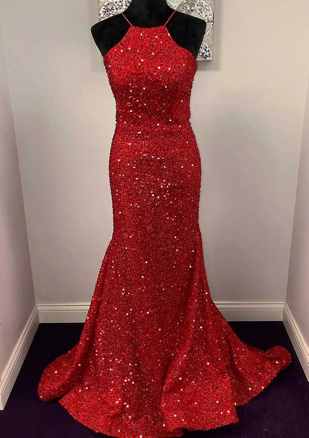 Velvet Sequins Prom Dress/Evening Dress with Trumpet/Mermaid Halter Sleeveless Sweep Train