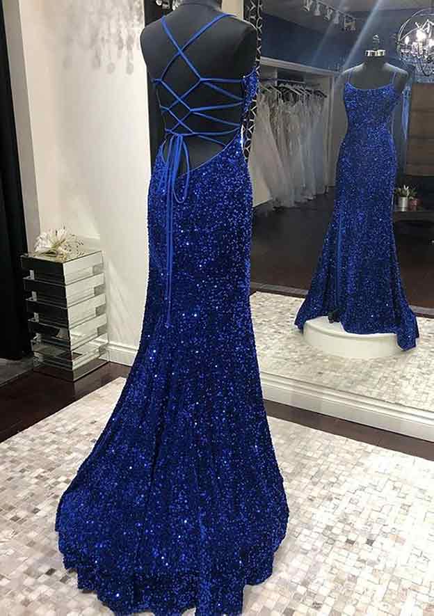 Velvet Sequins Prom Dress/Evening Dress with Trumpet/Mermaid Square Neckline and Sleeveless Sweep Train