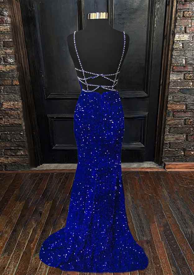 Velvet Sequins Trumpet/Mermaid Prom Dress/Evening Dress with Sleeveless V-Neck and Sweep Train