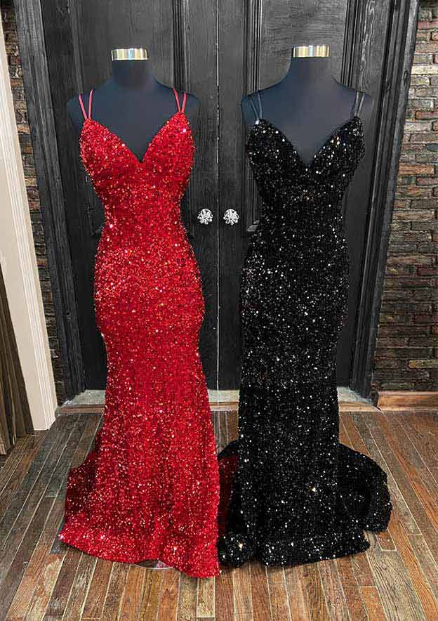 Velvet Sequins Trumpet/Mermaid V-Neck Court Train Prom Dress/Evening Dress with Pleated Sleeveless