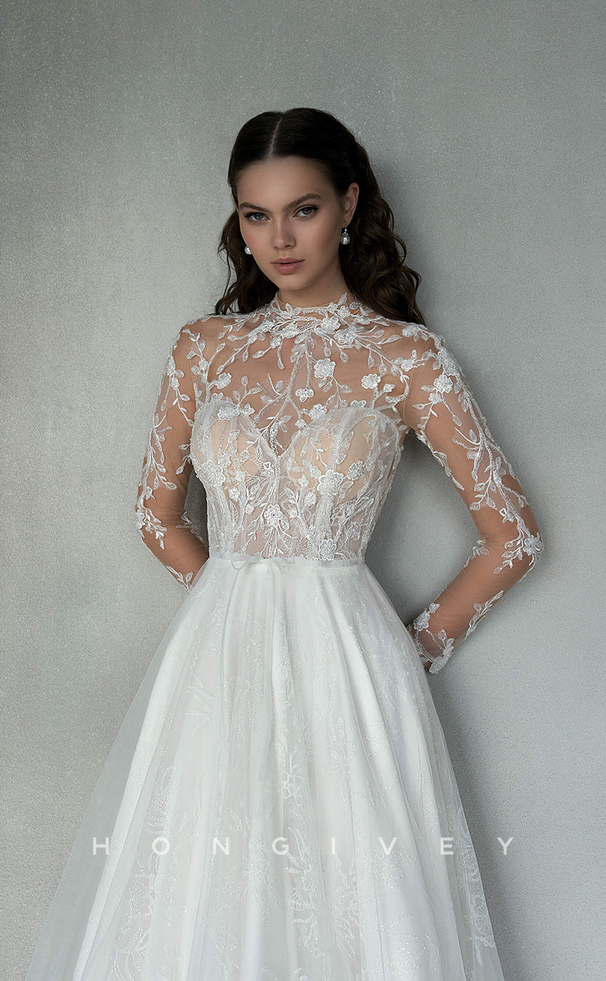 H0820 - Allover Lace Embroidered Pearl Embellished Sheer With Overlay And Train Wedding Dress