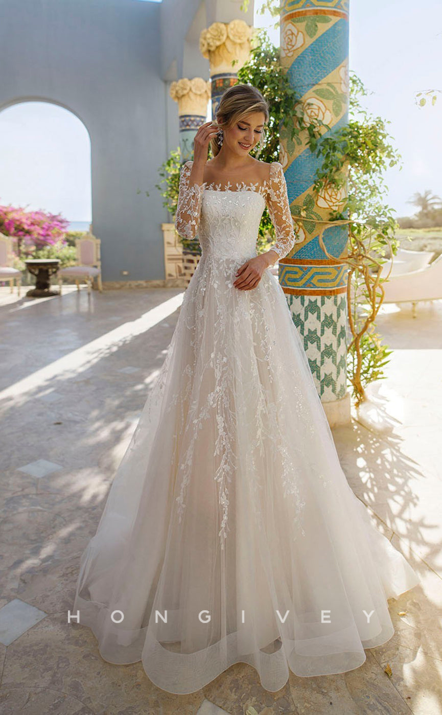 H0829 - Sheer Fully Floral Embroidered Crystal Beaded With Tulle Train  Romantic Wedding Dress