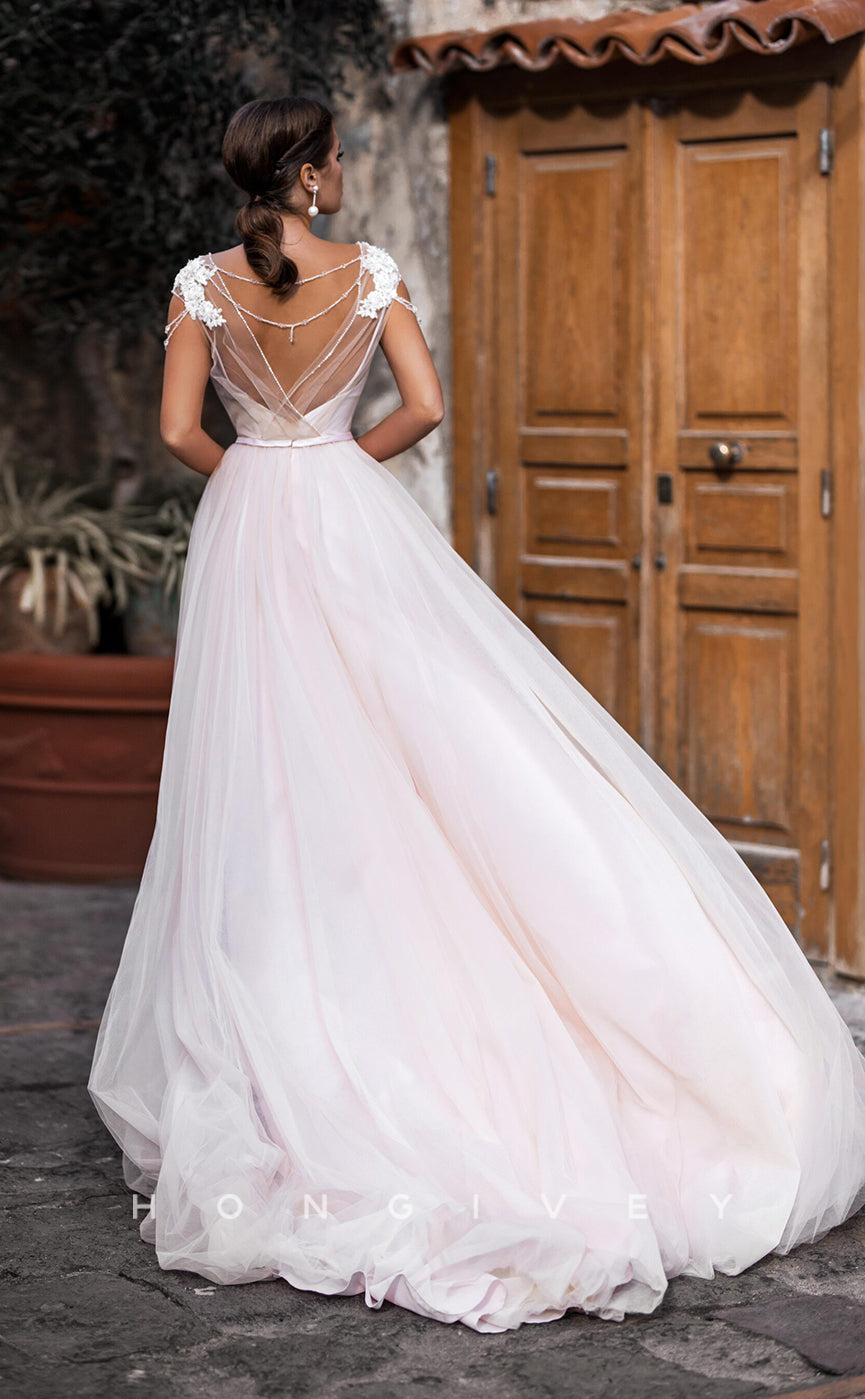 H0831 - Sparkly Illusion Crystal Beaded Floral Embossed With Tulle Train Plunging Neck Dream Wedding Dress