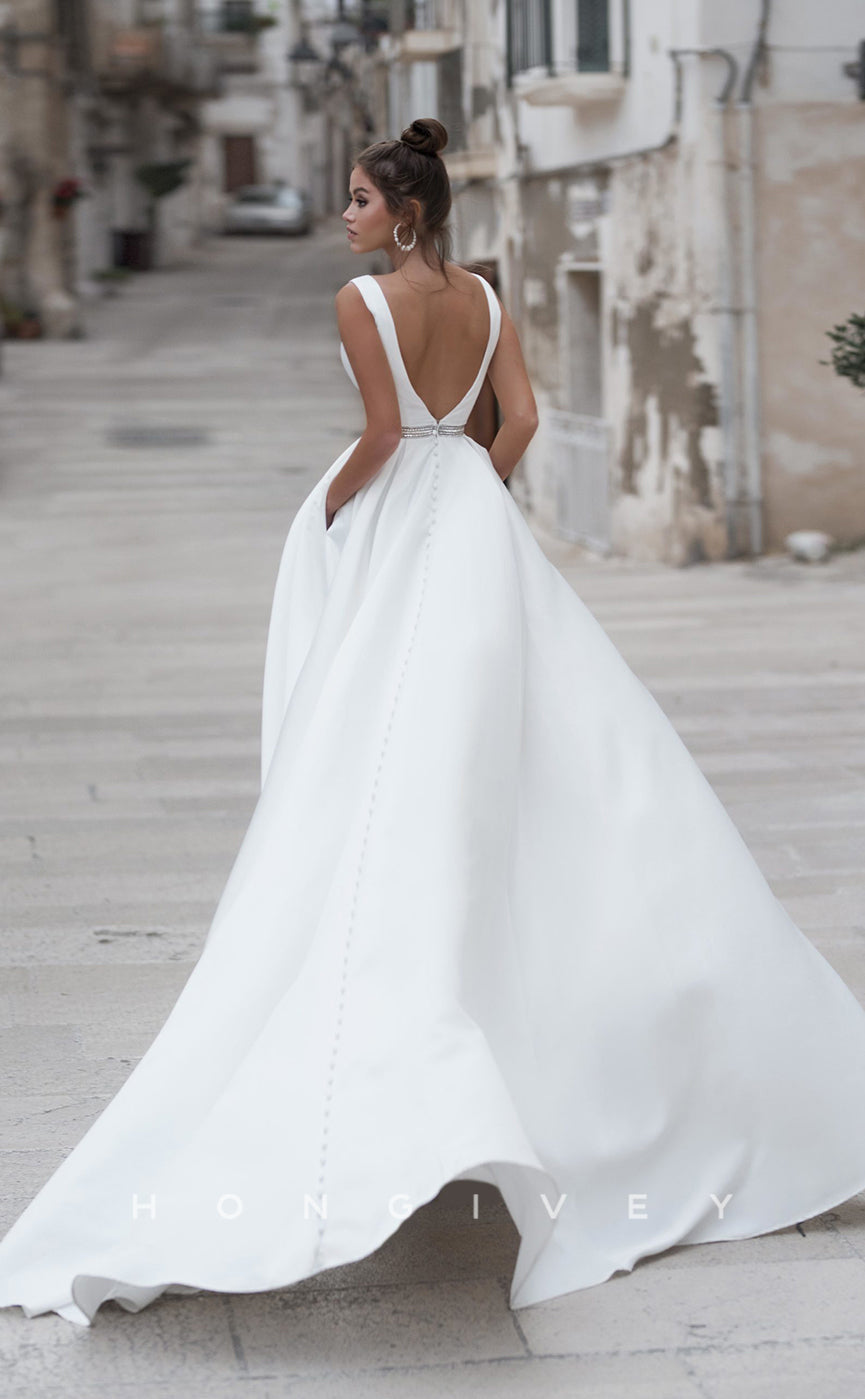 H0824 - Rhinestone Embellished Sheer Long V-Neck With Train Backless Wedding Dress