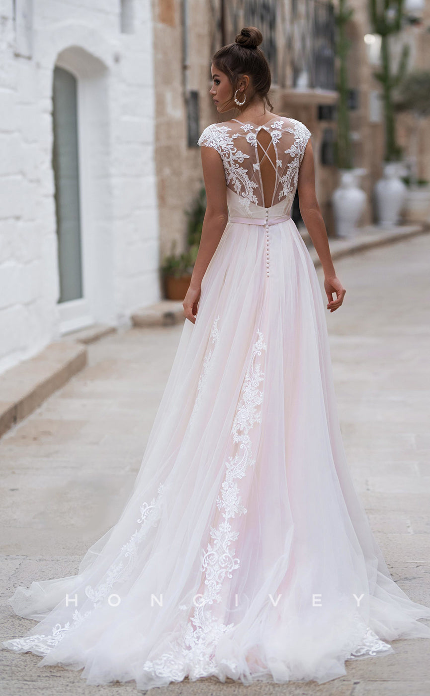 H0823 - Lace-Up Crisscross Floral Embroidered Lace Sheer With Tulle Train Wedding Dress