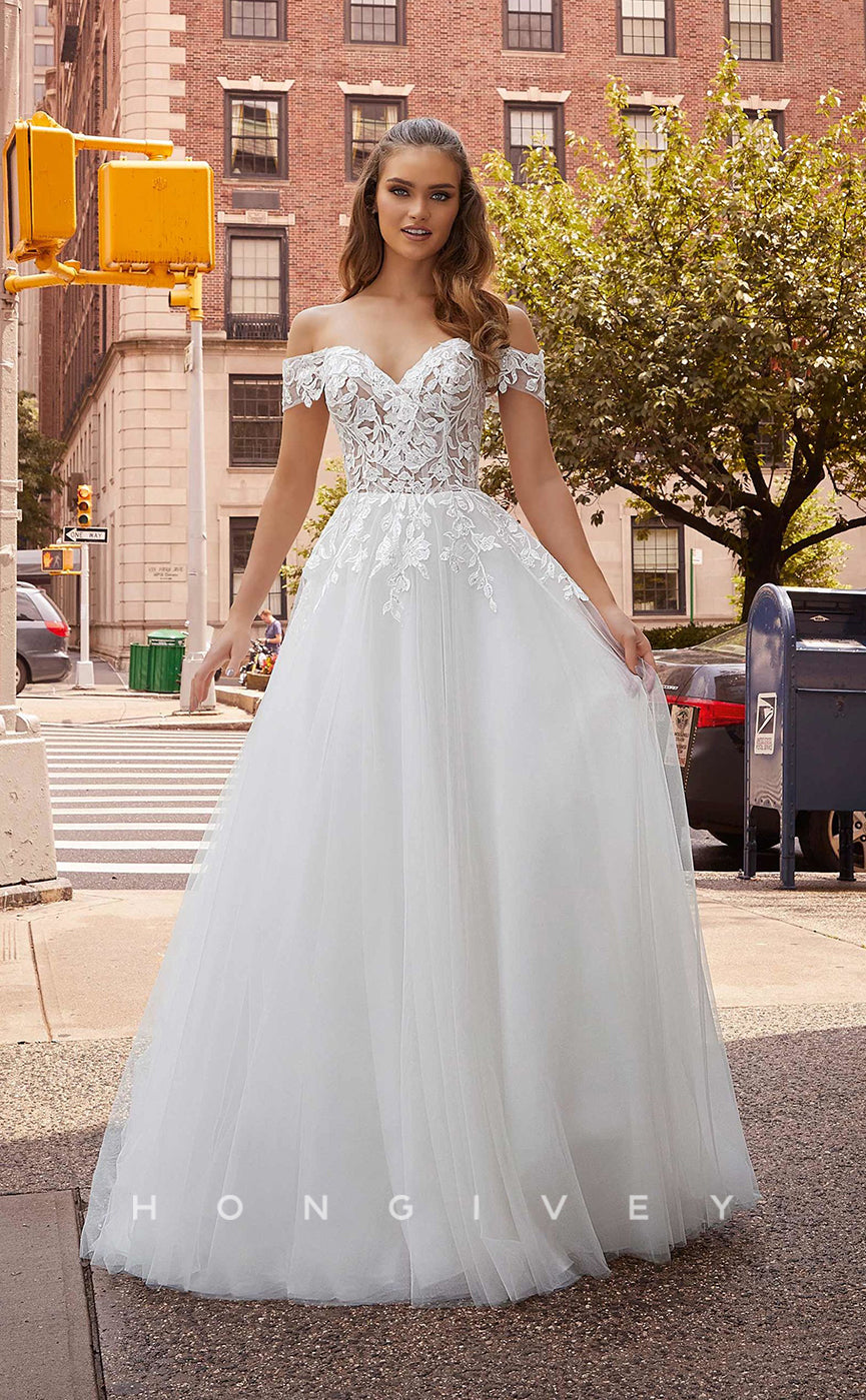 H0833 - Illusion Floral Lace Embroidered With Tulle Train Dream Wedding Dress