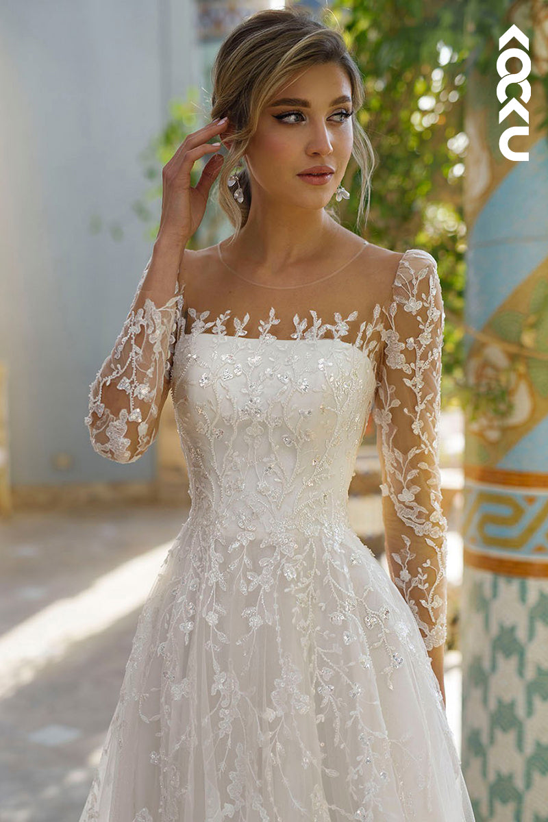 K1882 - Elegant Square Long Lace Sleeves A-Line Wedding Dress With Applique