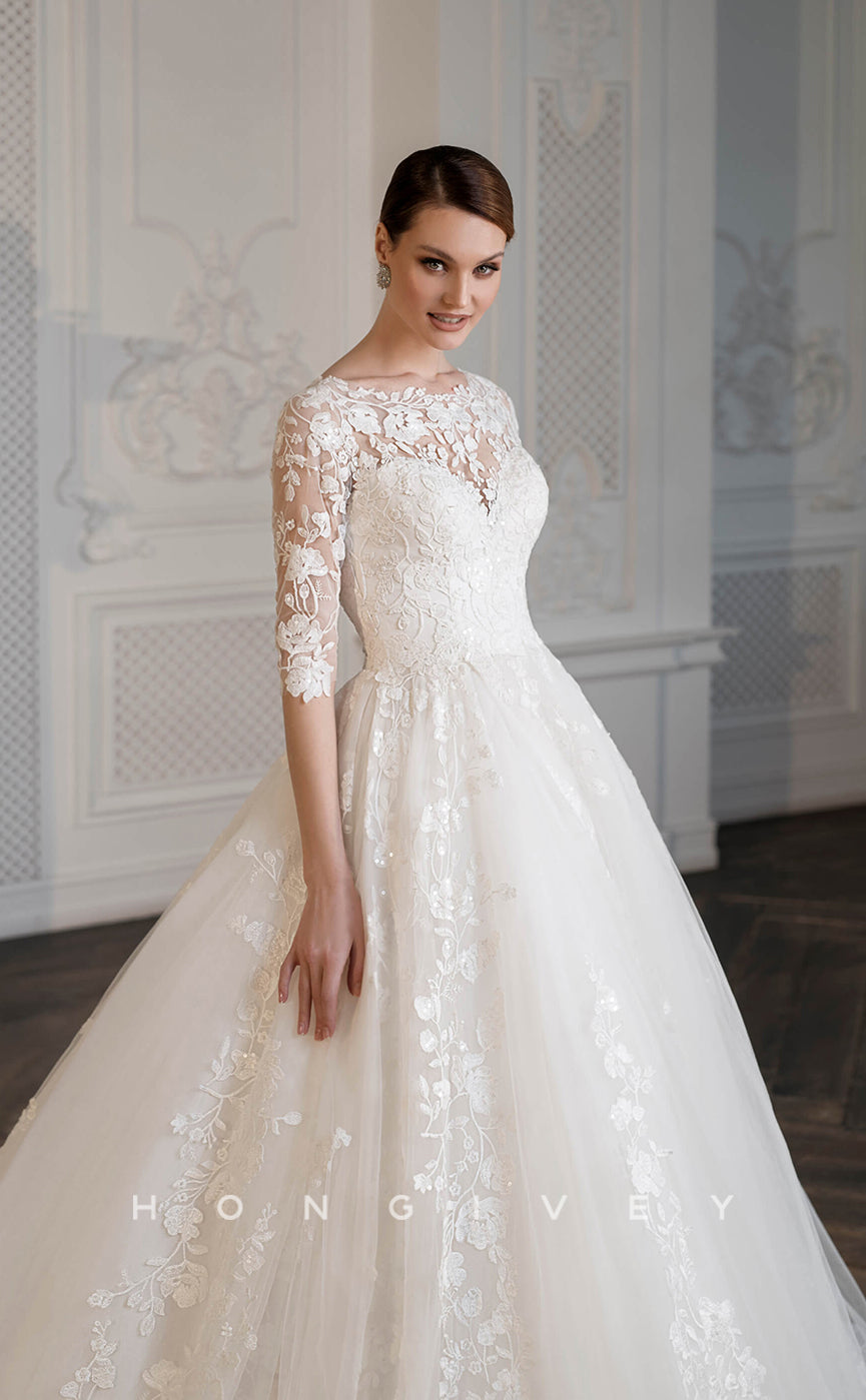 H0838 - Sheer Fully Floral Embroidered Crystal Beaded With Lace With Tulle Train  Romantic Wedding Dress