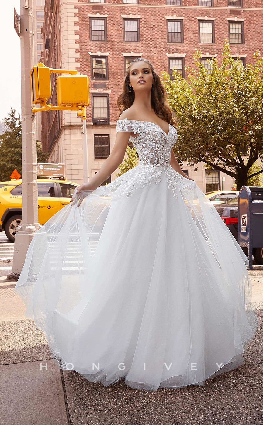 H0833 - Illusion Floral Lace Embroidered With Tulle Train Dream Wedding Dress