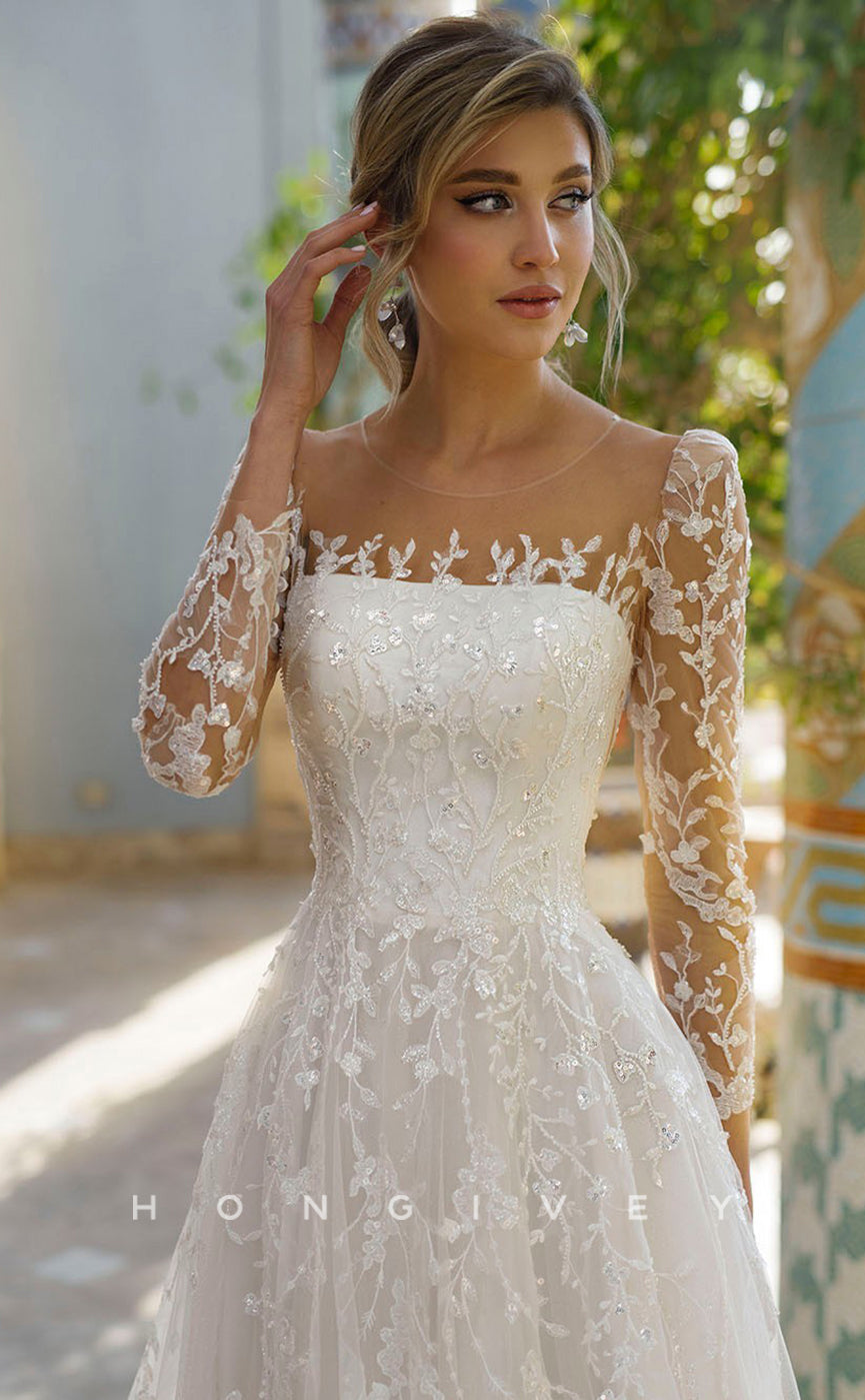 H0829 - Sheer Fully Floral Embroidered Crystal Beaded With Tulle Train  Romantic Wedding Dress