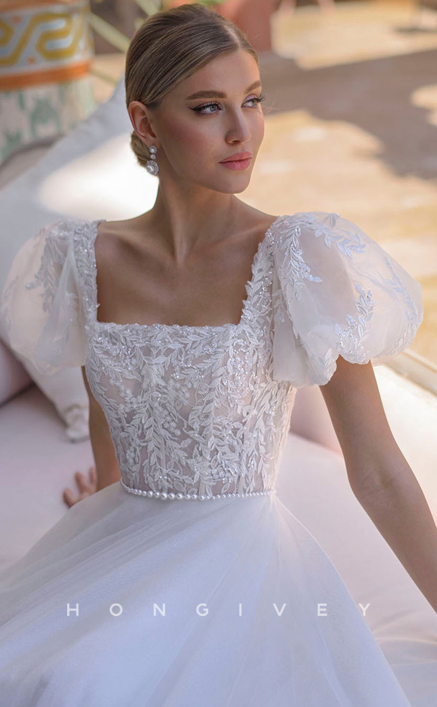 H0819 - Ornate Lace Applique Embroidered Sheer With Tulle Train Wedding Dress