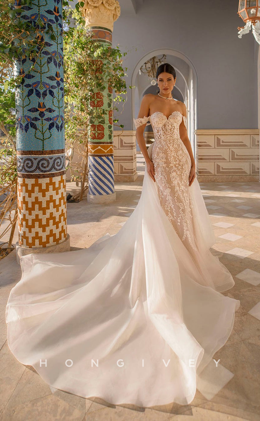 H0828 - Sheer Fully Floral Embroidered With Lace Backless Mermaid With Overlay And Tulle Train  Romantic Wedding Dress