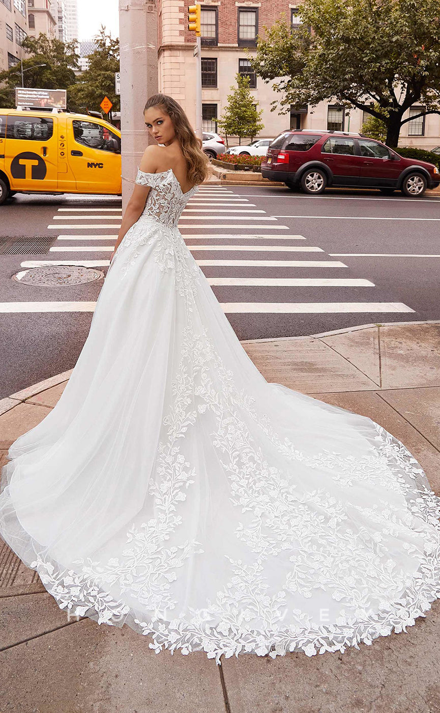 H0833 - Illusion Floral Lace Embroidered With Tulle Train Dream Wedding Dress