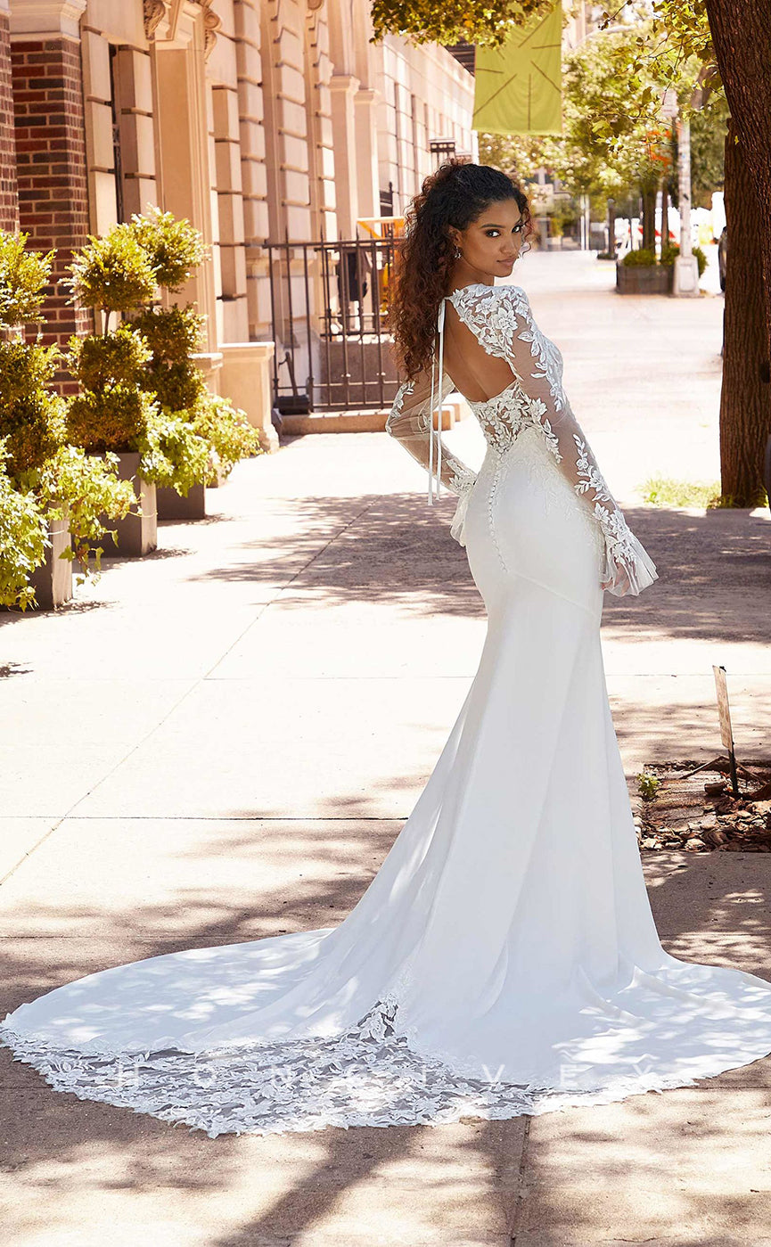 H0834 - Sheer Floral Embroidered Lace Strappy Bell Sleeved Mermaid With Tulle Train Pricess Wedding Dress