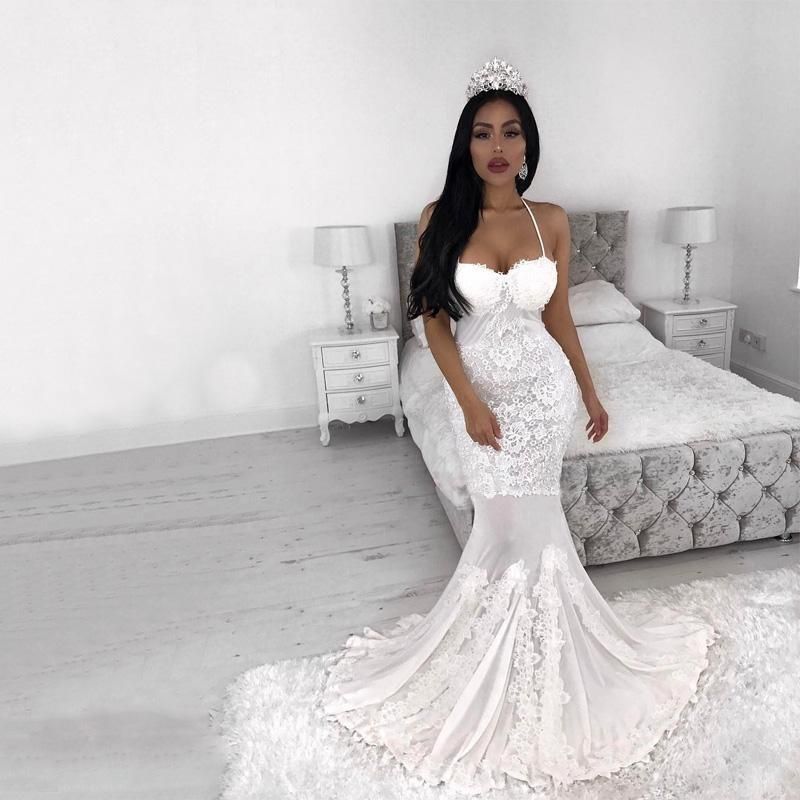 White Lace Appliques Spaghetti Strap Wedding Dress New Arrival Bridal Gown