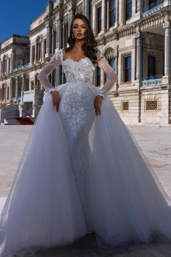 White Long Sleeves Wedding Dress Appliques Mermaid With Detachable Skirt