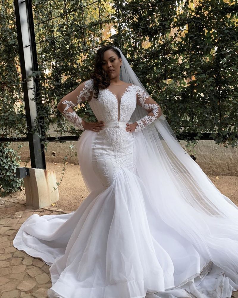 White Long Sleevess Plus size Mermaid Belt Wedding Dresses