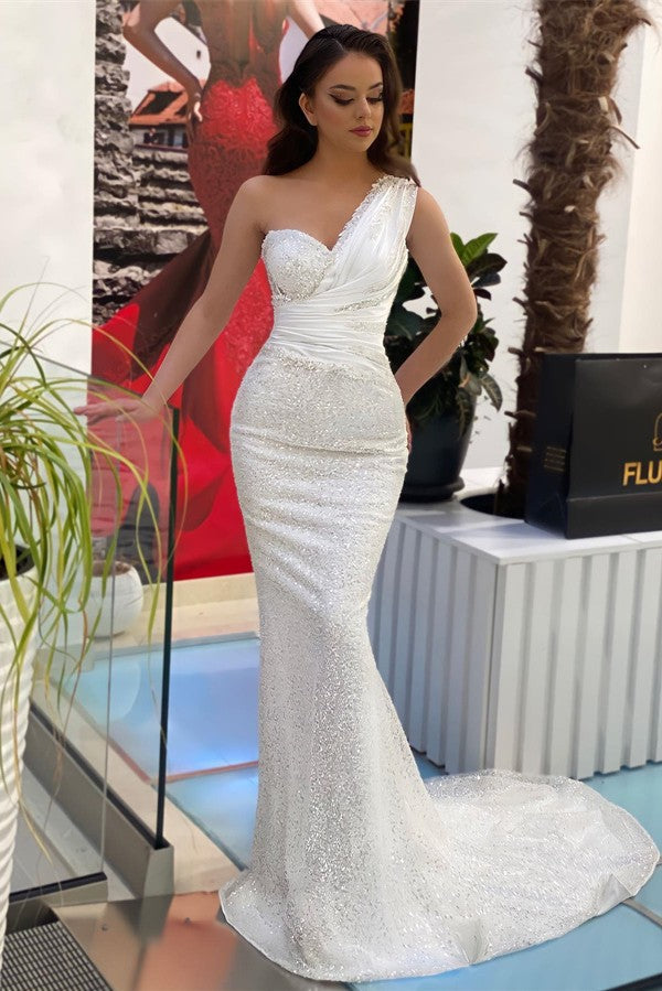 White Mermaid Prom Dress One Shoulder Sleeveless Long