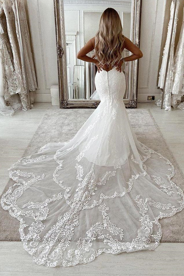 White Mermaid Wedding Dress Lace Backless