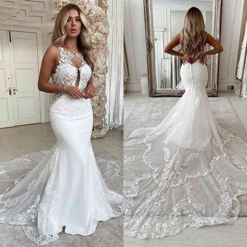 White Mermaid Wedding Dress Lace Backless