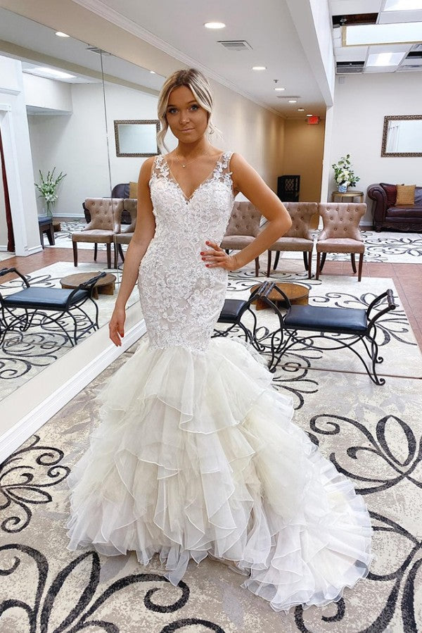 White Sleeveless V neck Wedding Dress with multi layers train