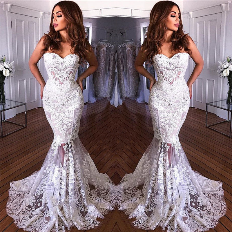 White Sweetheart Neck Sheer Lace Appliques Mermaid Wedding Dresses