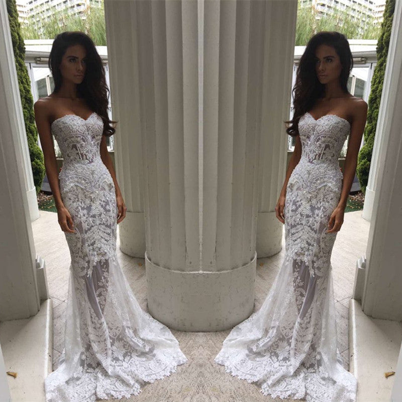 White Sweetheart Neck Sheer Lace Appliques Mermaid Wedding Dresses