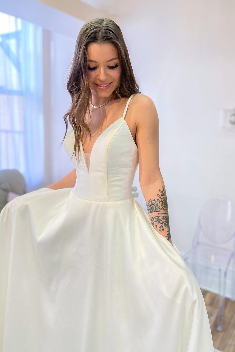 White Wedding Dress Satin Sleeveless Long Satin