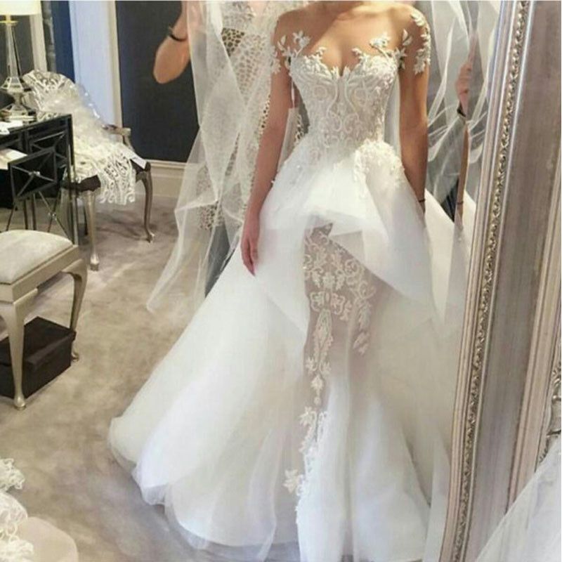 Wholesale Fit and Flare Tulle Lace Wedding Dresses Short Sleeves Court Train Bridal Gown