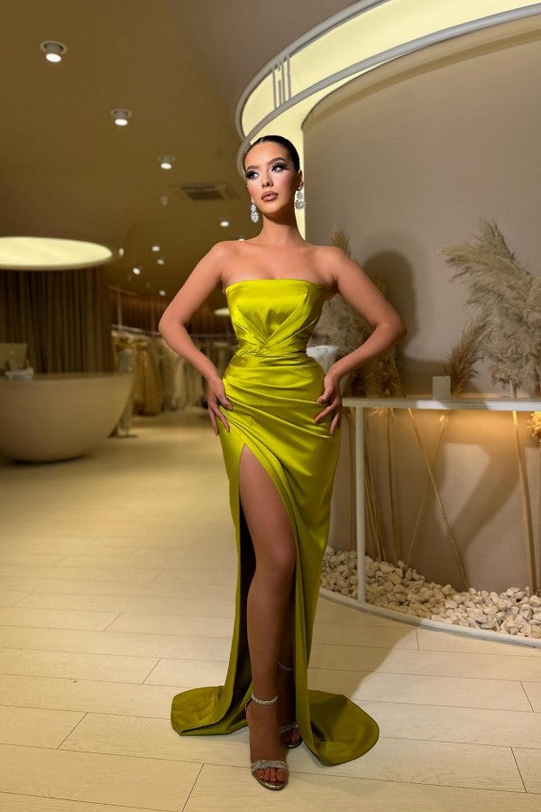 Yellow Green Strapless Prom Dress Mermaid Long With Split